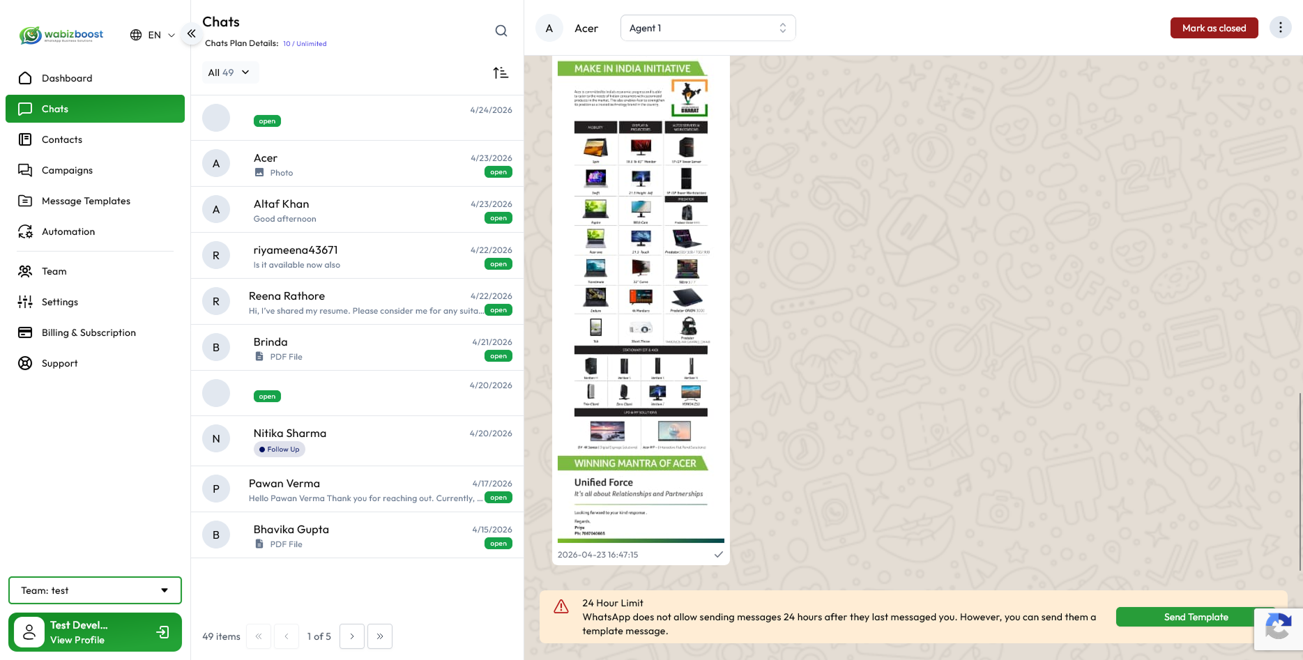 WAServe Small Business WhatsApp CRM Dashboard